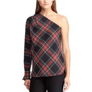 Ralph Lauren Plaid One Shoulder Blouse Black multi